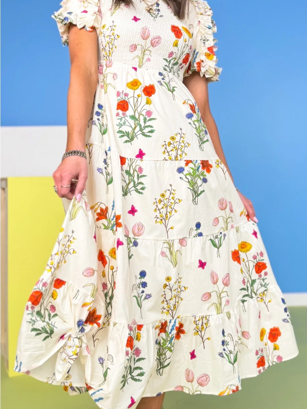 NWOT THML Ivory Floral Tiered Midi Dress with Multicolor Blooms